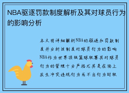 NBA驱逐罚款制度解析及其对球员行为的影响分析