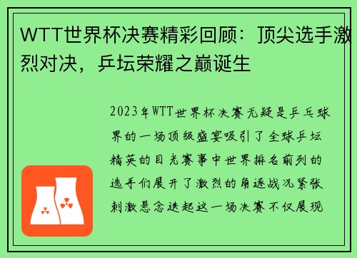 WTT世界杯决赛精彩回顾：顶尖选手激烈对决，乒坛荣耀之巅诞生