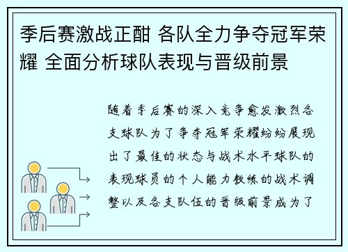季后赛激战正酣 各队全力争夺冠军荣耀 全面分析球队表现与晋级前景